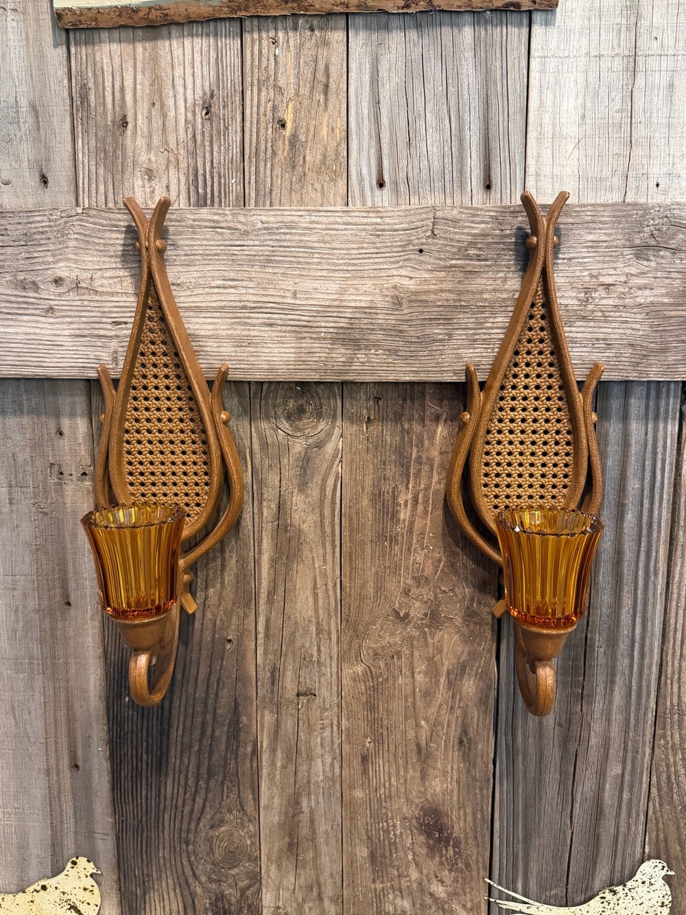 Pair of Vintage BOHO Homco faux-rattan Amber Glass Wall Sconces